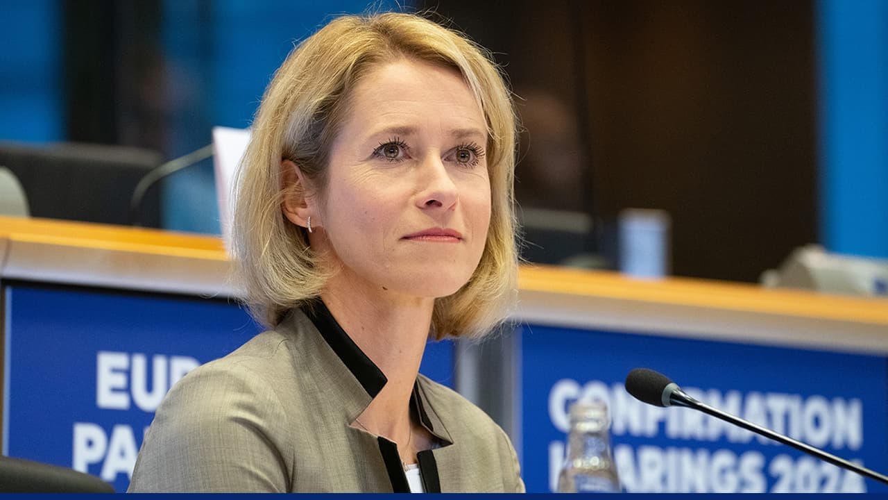 Kaja Kallas speaking during a European Parliament hearing with a microphone in front of her.