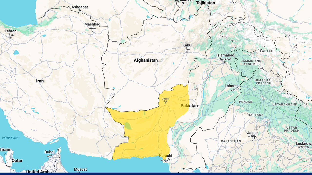 Map showing the political boundaries of Balochistan, the largest province of Pakistan, bordered by Iran, Afghanistan, and the Arabian Sea