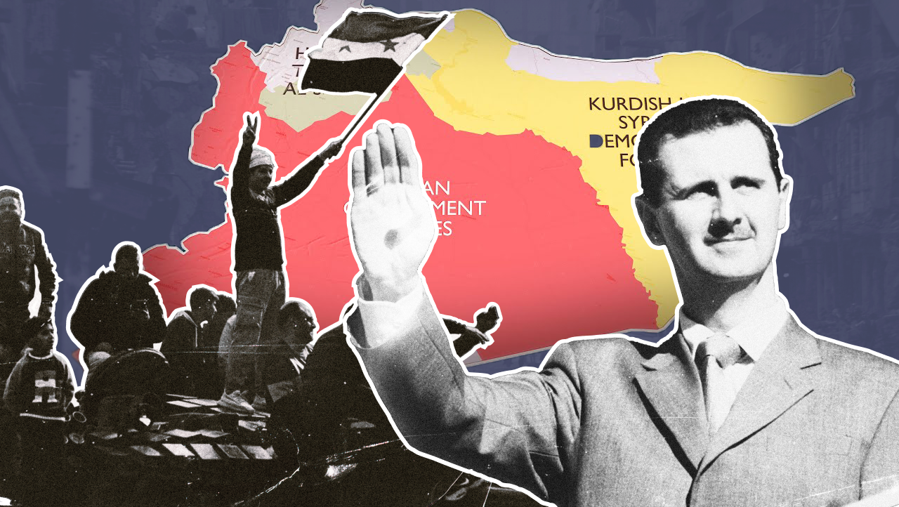 Bashar al-Assad in front of a color-coded Syrian map divided by control zones, with protestors and a tank in the background.