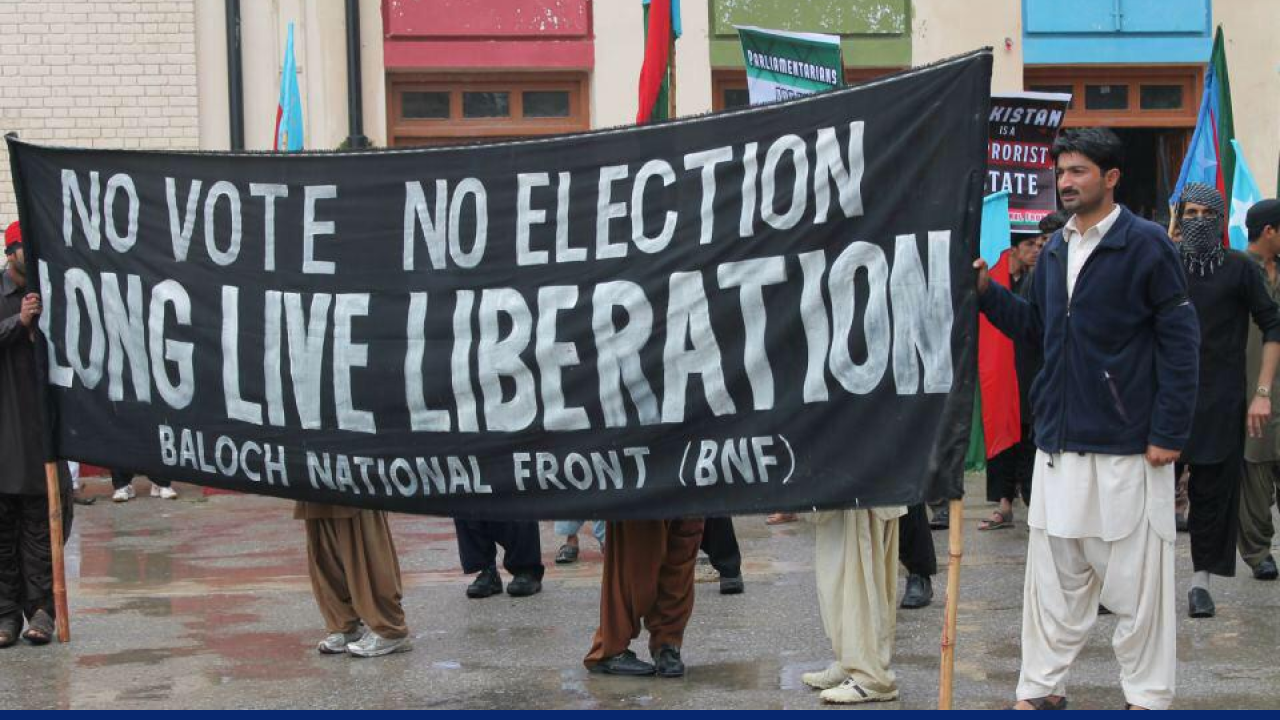 Members of the Baloch National Front (BNF) protest against elections, demanding independence and highlighting their call for liberation
