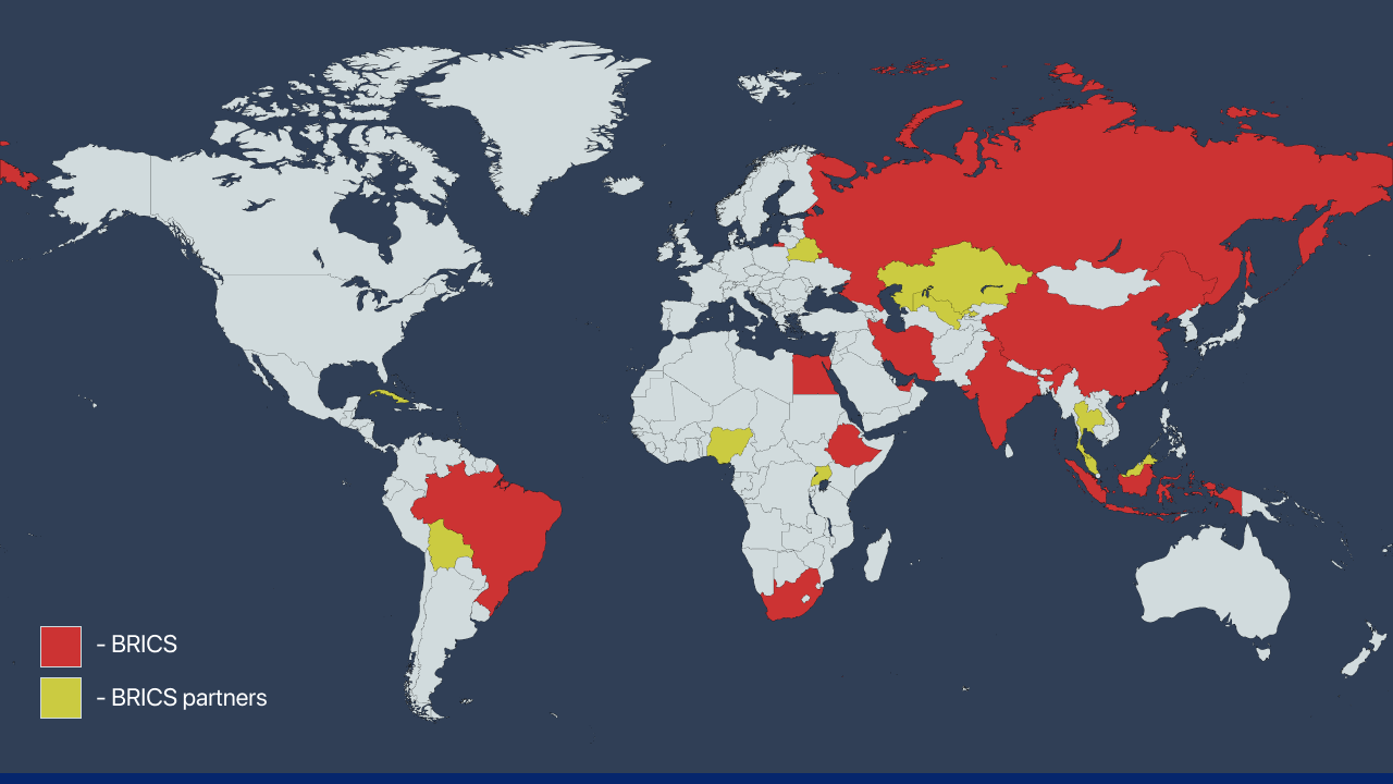 Map showing BRICS member countries in red and BRICS partner nations in yellow as of 2025, highlighting the bloc's expanding global influence