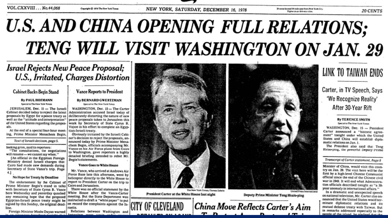 Front page of The New York Times from December 16, 1978, announcing the establishment of full diplomatic relations between the U.S. and China, with President Jimmy Carter and Deputy Prime Minister Teng Hsiao-ping.