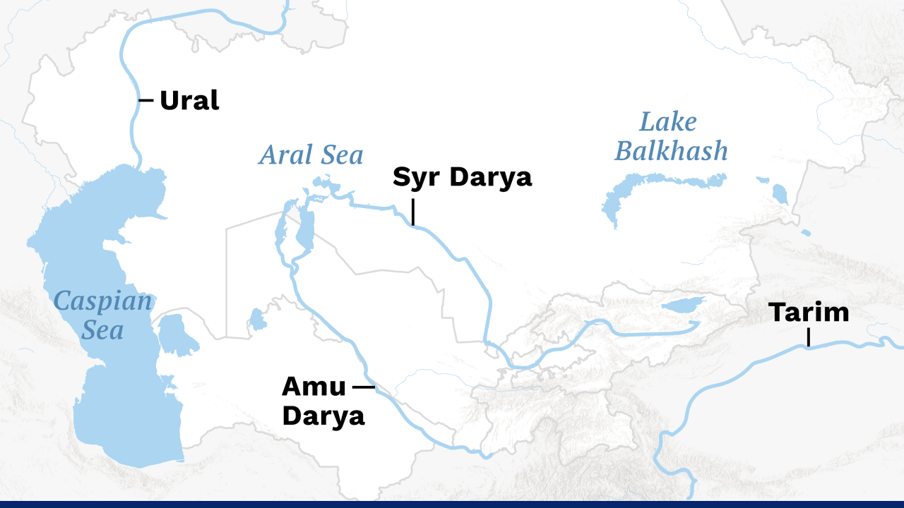 Central Asia showing major rivers including the Amu Darya, Syr Darya, Ural, and Tarim, along with key water bodies like the Aral Sea, Caspian Sea, and Lake Balkhash