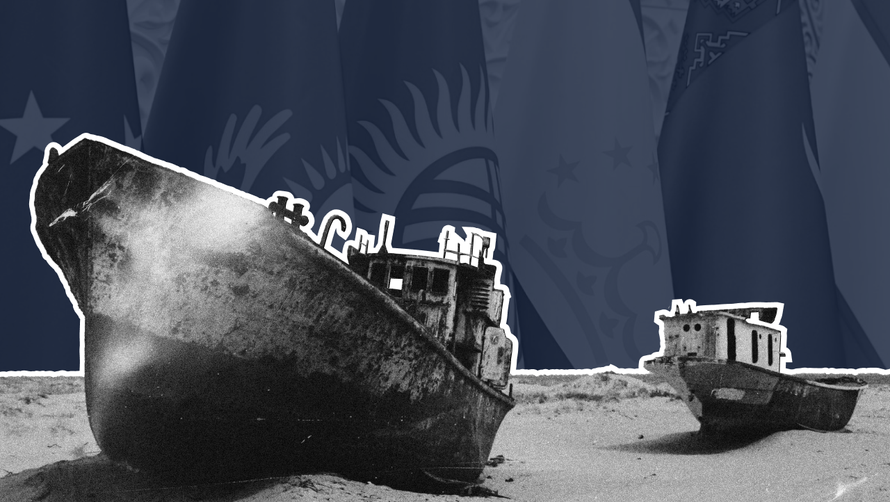 Rusting ships stranded in the desert near the former Aral Sea in Central Asia, symbolizing the environmental and geopolitical crisis over regional water management