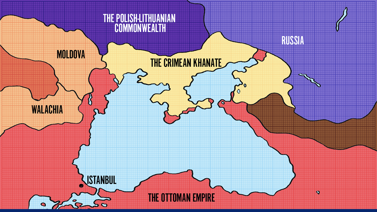 A historical map showing the Crimean Khanate bordered by the Ottoman Empire, Russia, the Polish–Lithuanian Commonwealth, Moldova, and Walachia.