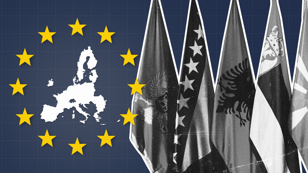 European Union map and flags representing candidate countries from the Western Balkans