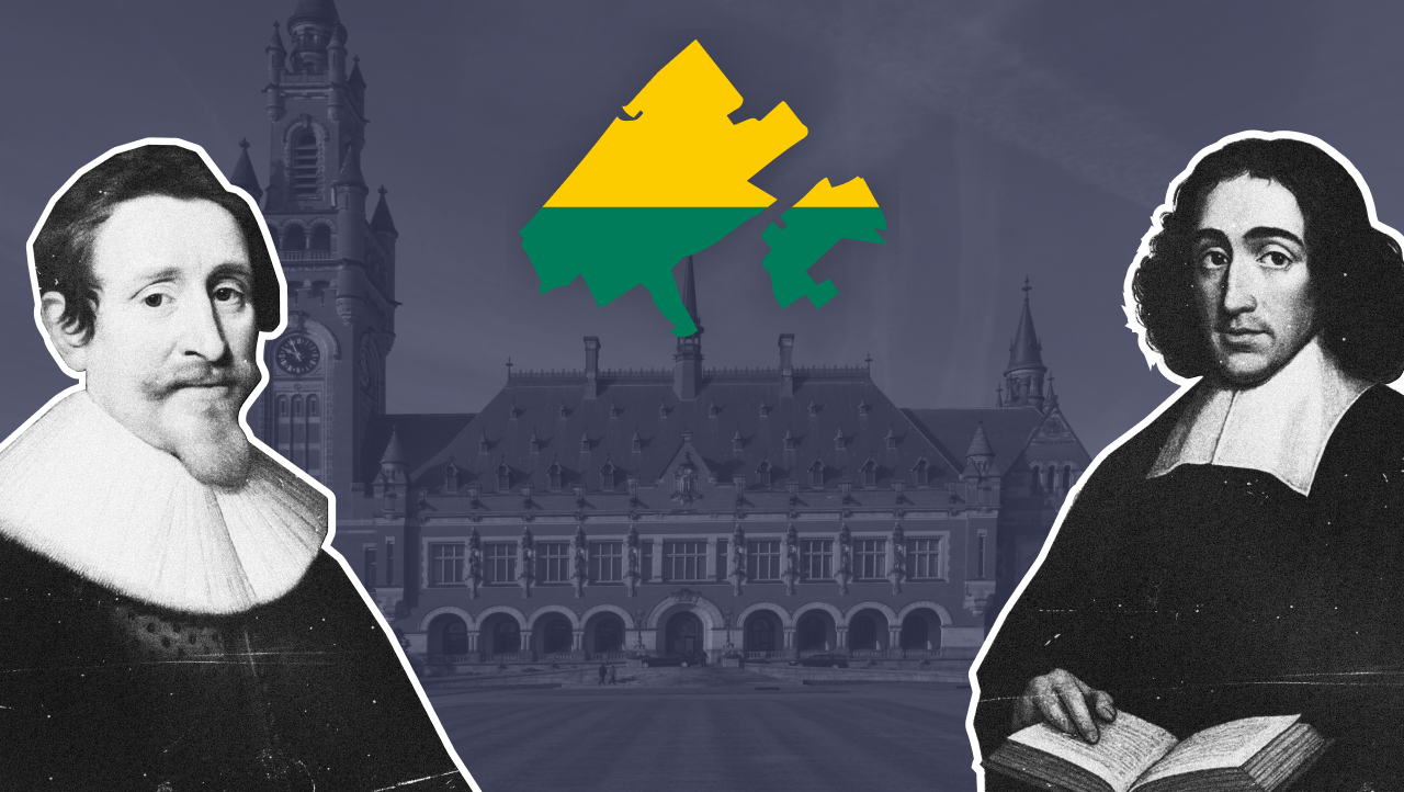 Philosophers with The Hague's Peace Palace and map emblem