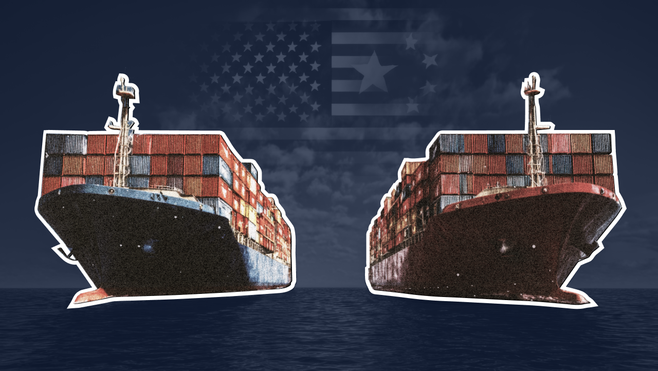 Illustration of container ships representing global trade rivalry between the United States and China