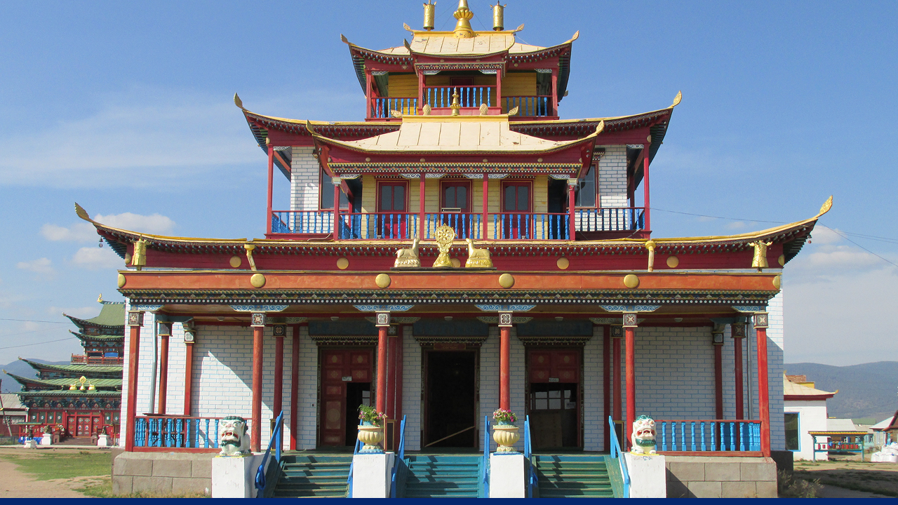 Ivolginsky Datsan monastery in Ulan Ude with colorful traditional architecture.