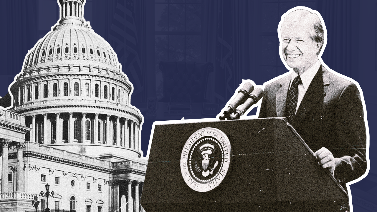 President Jimmy Carter smiling at a podium with the presidential seal, standing in front of the U.S. Capitol building.