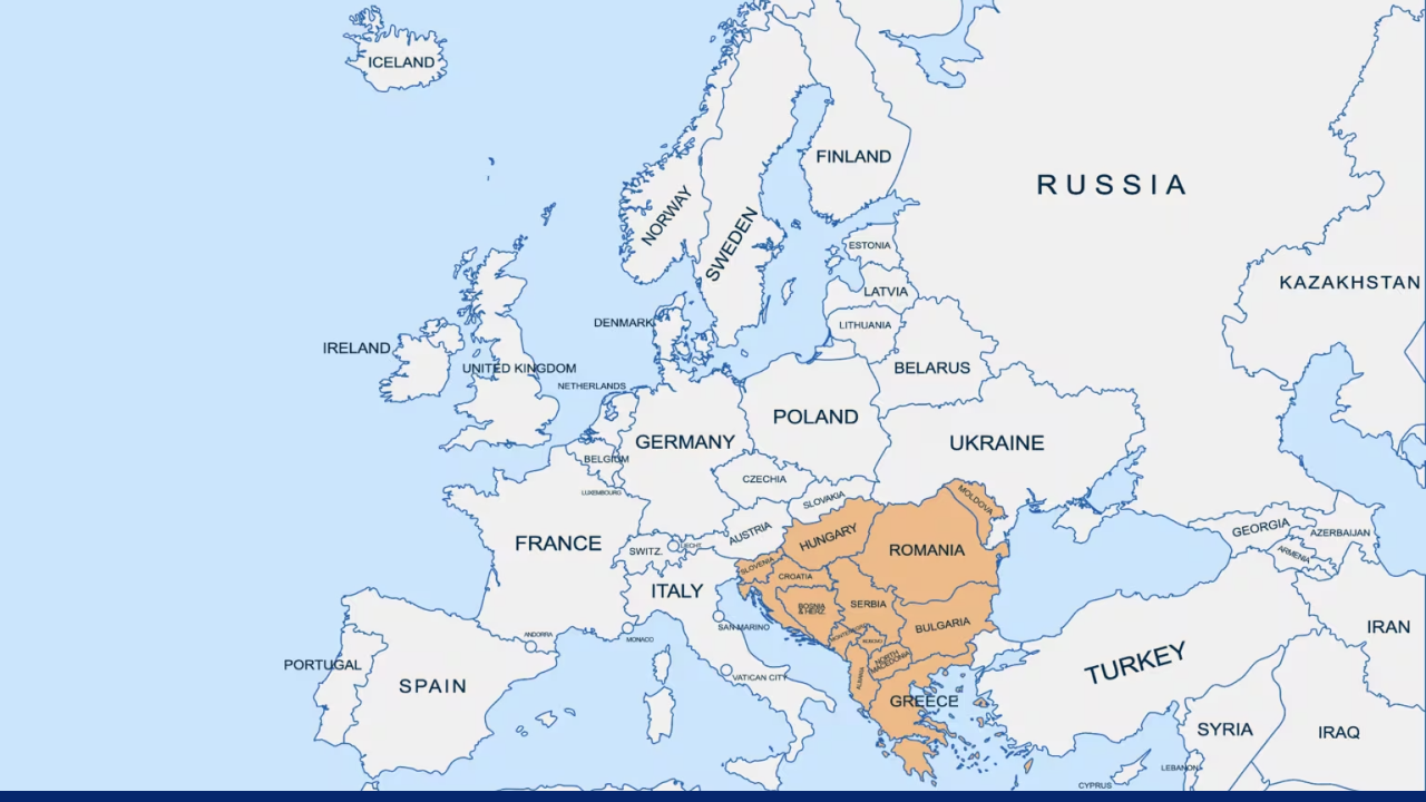 The Western Balkans and Southeast Europe region is highlighted in orange, including countries such as Romania, Serbia, Albania, and Greece