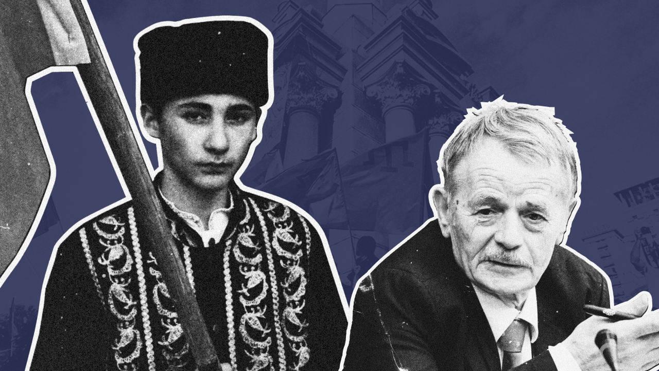 A young Crimean Tatar boy in traditional clothing holding a flag, alongside Mustafa Dzhemilev, a prominent leader and human rights activist of the Crimean Tatar people.