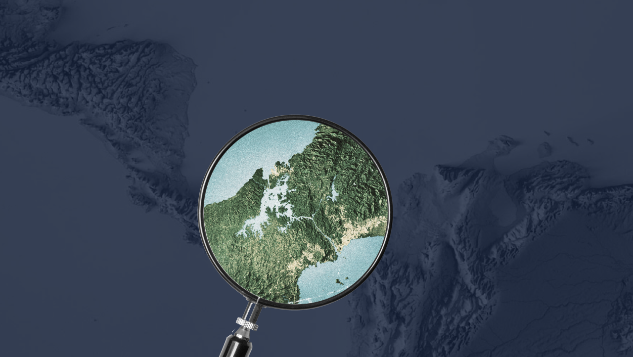 Panama Canal under a magnifying glass, symbolizing global attention on trade disruptions and water-related challenges affecting this key maritime chokepoint