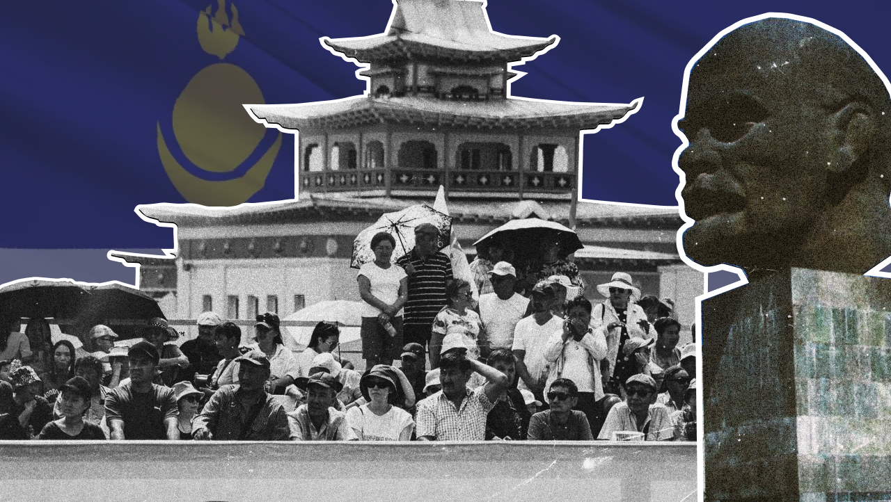 Collage of Lenin statue, Buddhist monastery, and a crowd in front of the Buryat flag.
