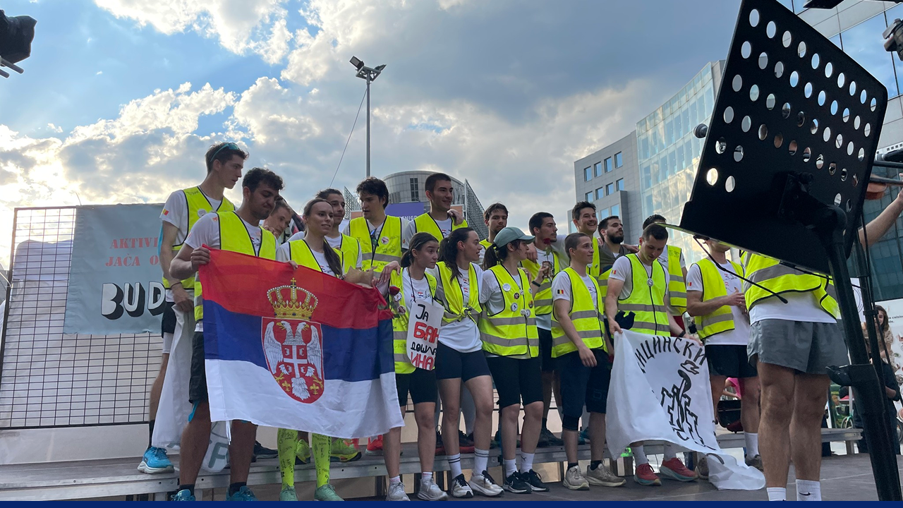 Serbian students who ran from Novi Sad, Serbia, to Brussels, Belgium, to demand justice for the 16 lives lost and put an end to government corruption